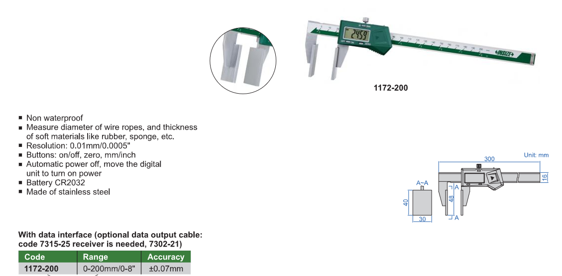 Suwmiarka elektroniczna do pomiaru grubości lin zakres 0-200 mm 1172-200 INSIZE